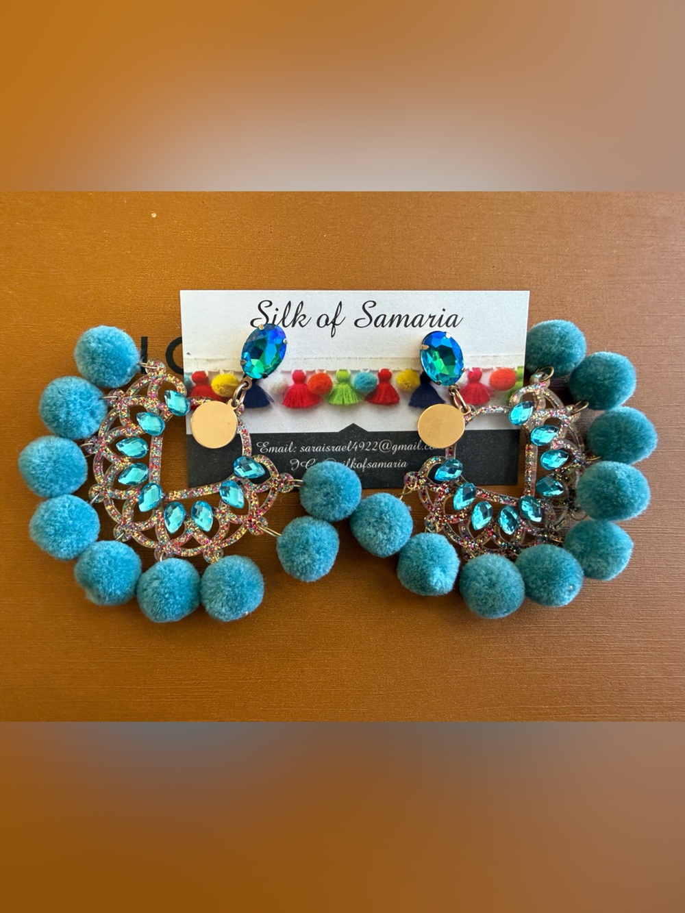 Turquoise Pom Tassel Statement Earrings